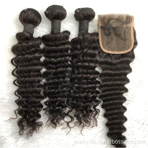 Wholesale Indian brazilian unprocessed Human Hair Water Wave curly Bundles With Lace Closure 10a grade hair loose deep wave wig